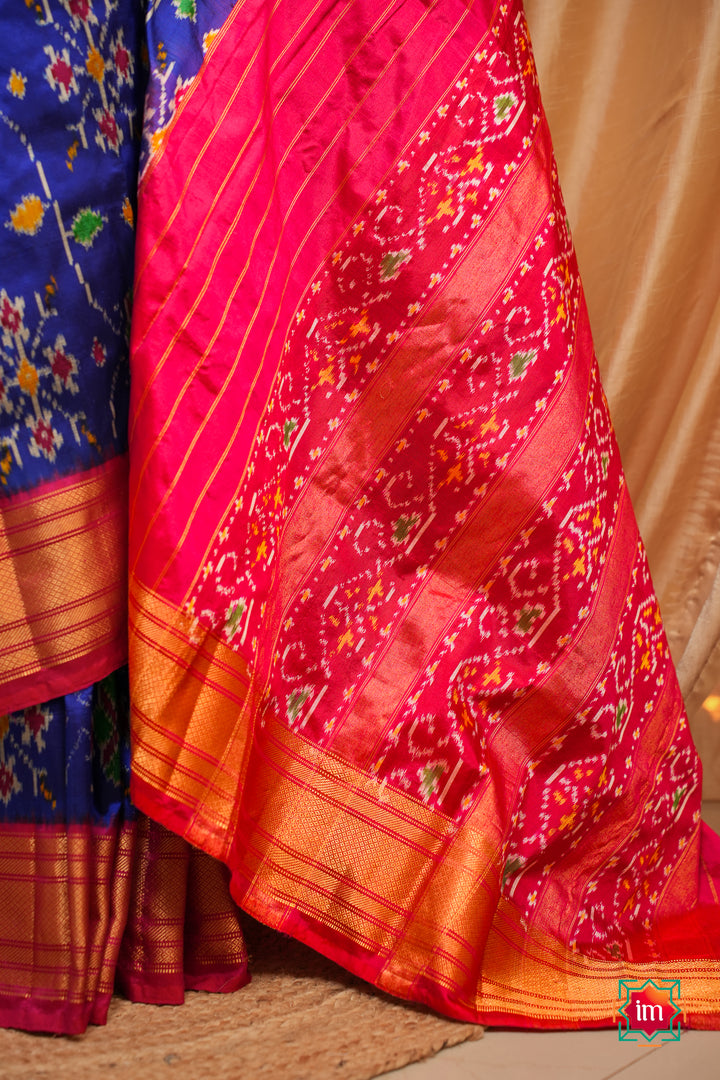 Blue-With-Red-Pochampally-Ikkat-Silk-Saree-Minsaram-2-The-Indian-Motif