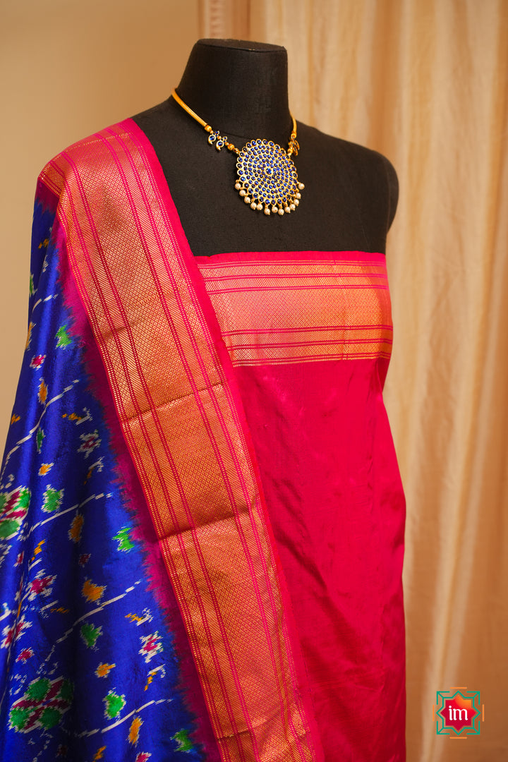 Blue-With-Red-Pochampally-Ikkat-Silk-Saree-Minsaram-6-The-Indian-Motif