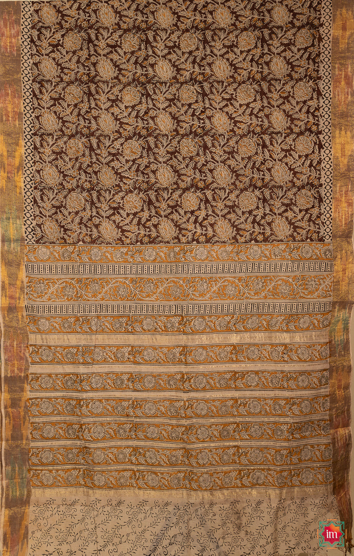 Brown And Mustard Floral Machilipatnam Handblock Mul Cotton Saree Bhoomi-The Indian Motif