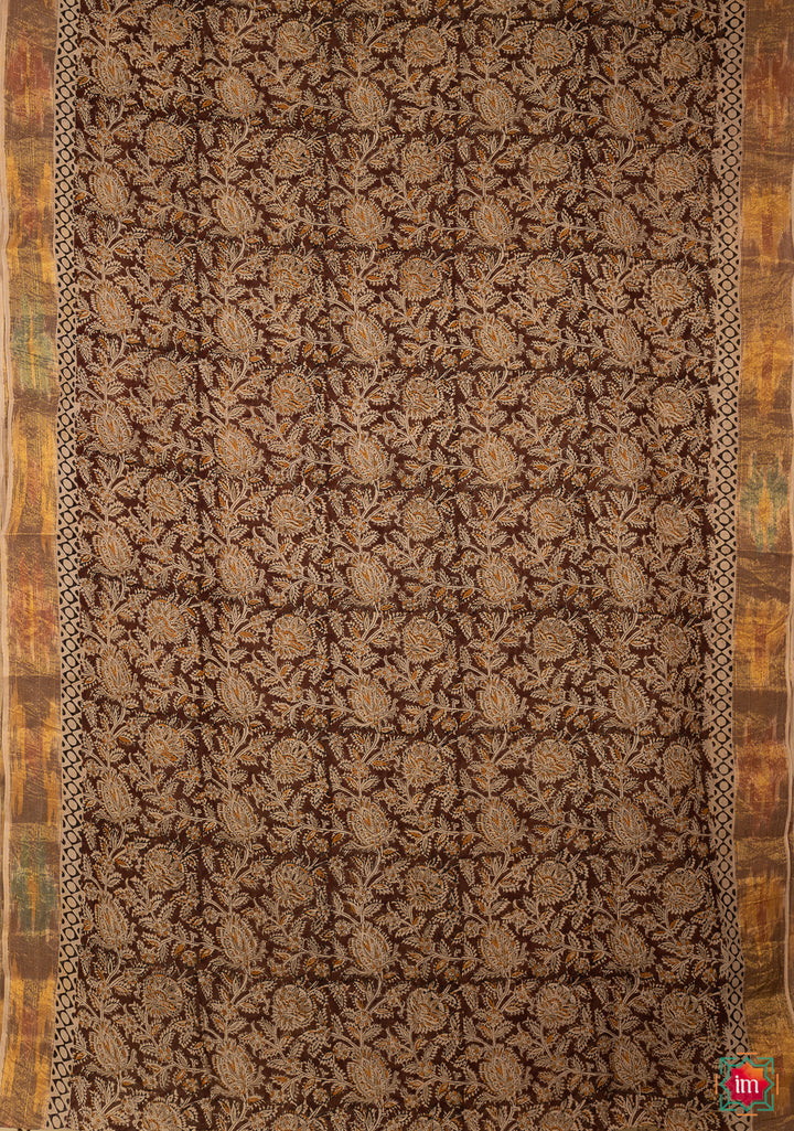 Brown And Mustard Floral Machilipatnam Handblock Mul Cotton Saree Bhoomi-1-The Indian Motif
