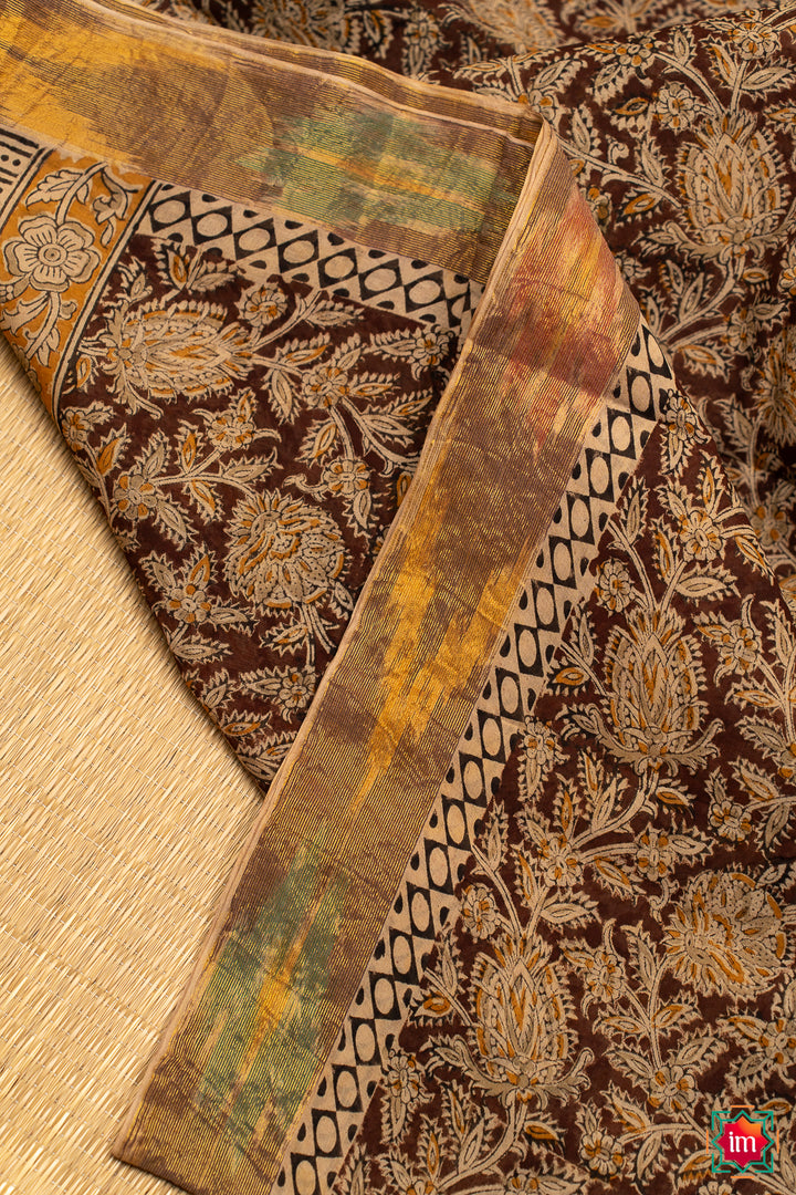 Brown And Mustard Floral Machilipatnam Handblock Mul Cotton Saree Bhoomi-3-The Indian Motif