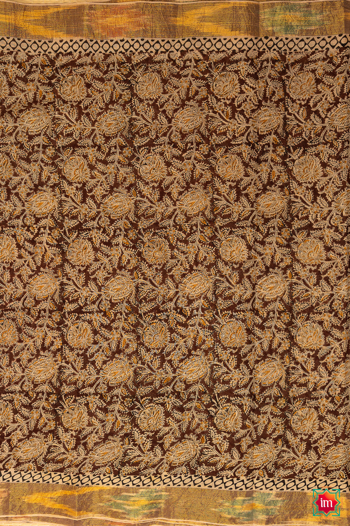 Brown And Mustard Floral Machilipatnam Handblock Mul Cotton Saree Bhoomi-5-The Indian Motif