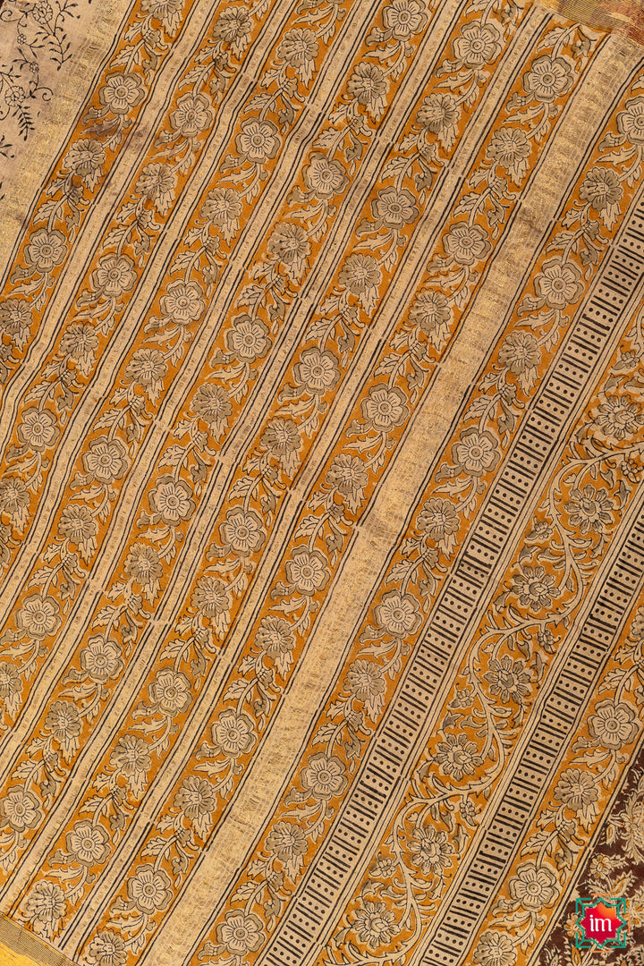 Brown And Mustard Floral Machilipatnam Handblock Mul Cotton Saree Bhoomi-6-The Indian Motif