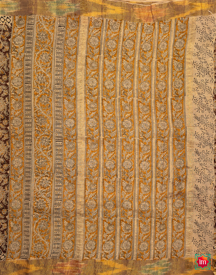 Brown And Mustard Floral Machilipatnam Handblock Mul Cotton Saree Bhoomi-7-The Indian Motif