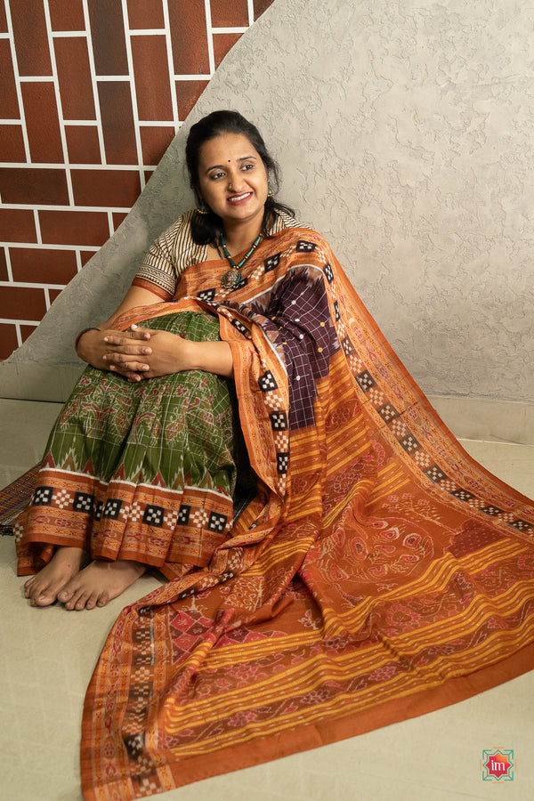 Brown Green Handloom Pasapalli Cotton Sambalpur Ikkat Saree Yamuna-The Indian Motif