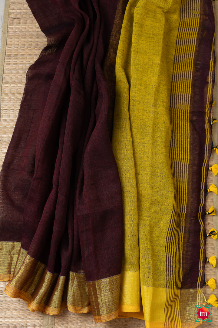 Brown-Linen-With-Tissue-Zari-Saree-Dhriti-1-The-Indian-Motif