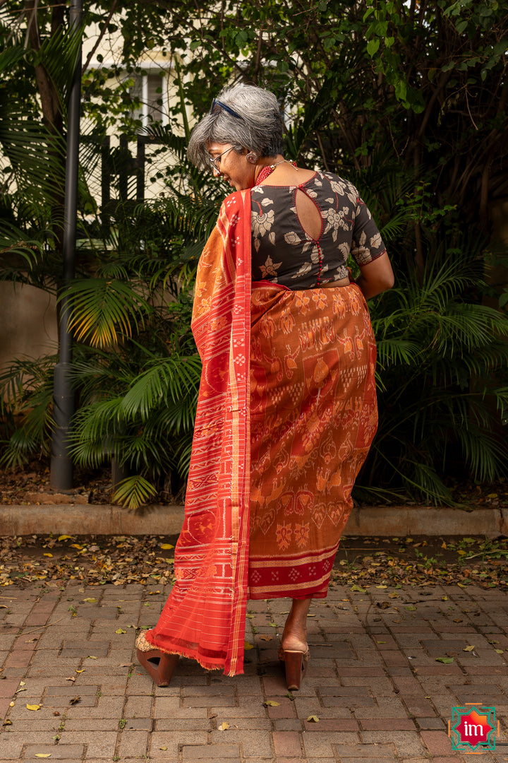 Brown Sambalpur Ikkat Cotton Saree Khyati-4-The Indian Motif