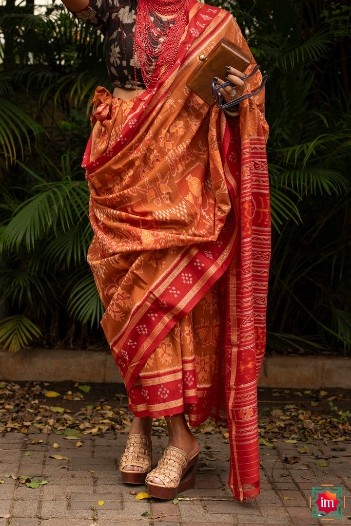 Brown Sambalpur Ikkat Cotton Saree Khyati-5-The Indian Motif