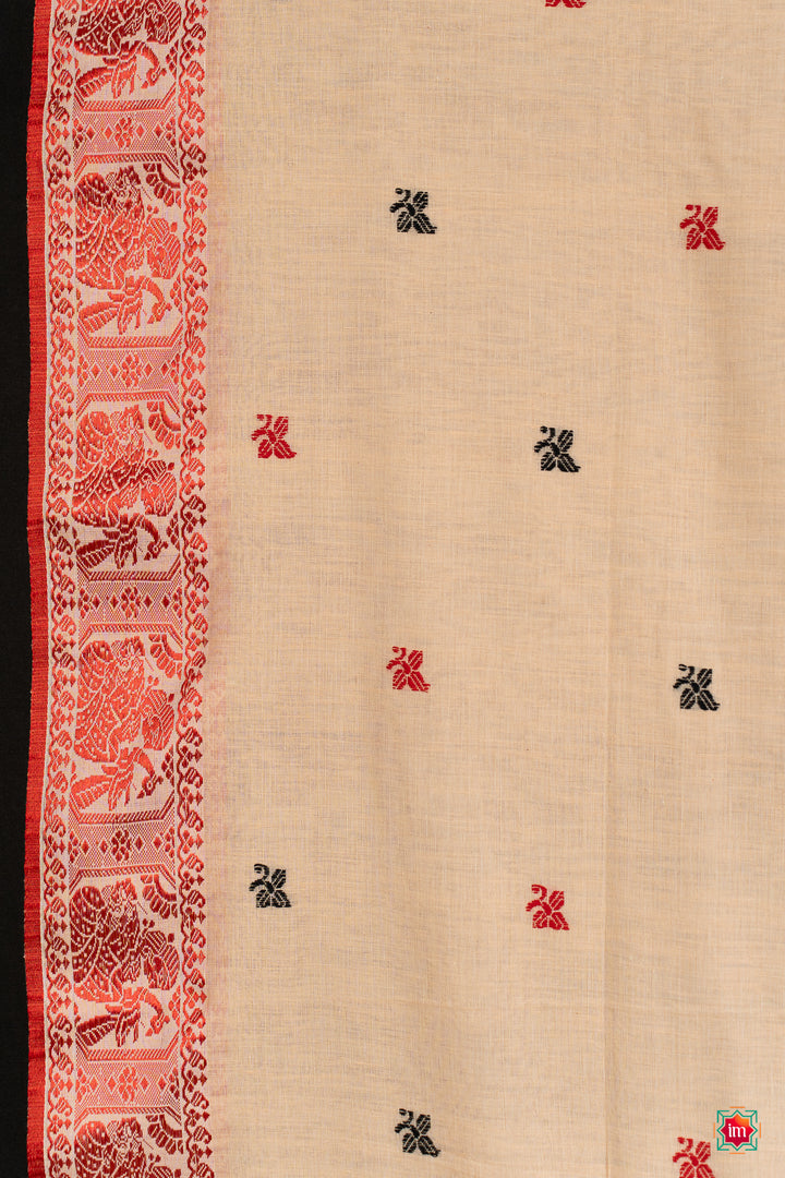 Cream-With-Red-Bengal-Soft-Cotton-Saree-Malika-1-The-Indian-Motif