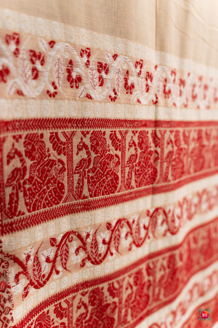 Cream-With-Red-Bengal-Soft-Cotton-Saree-Malika-3-The-Indian-Motif