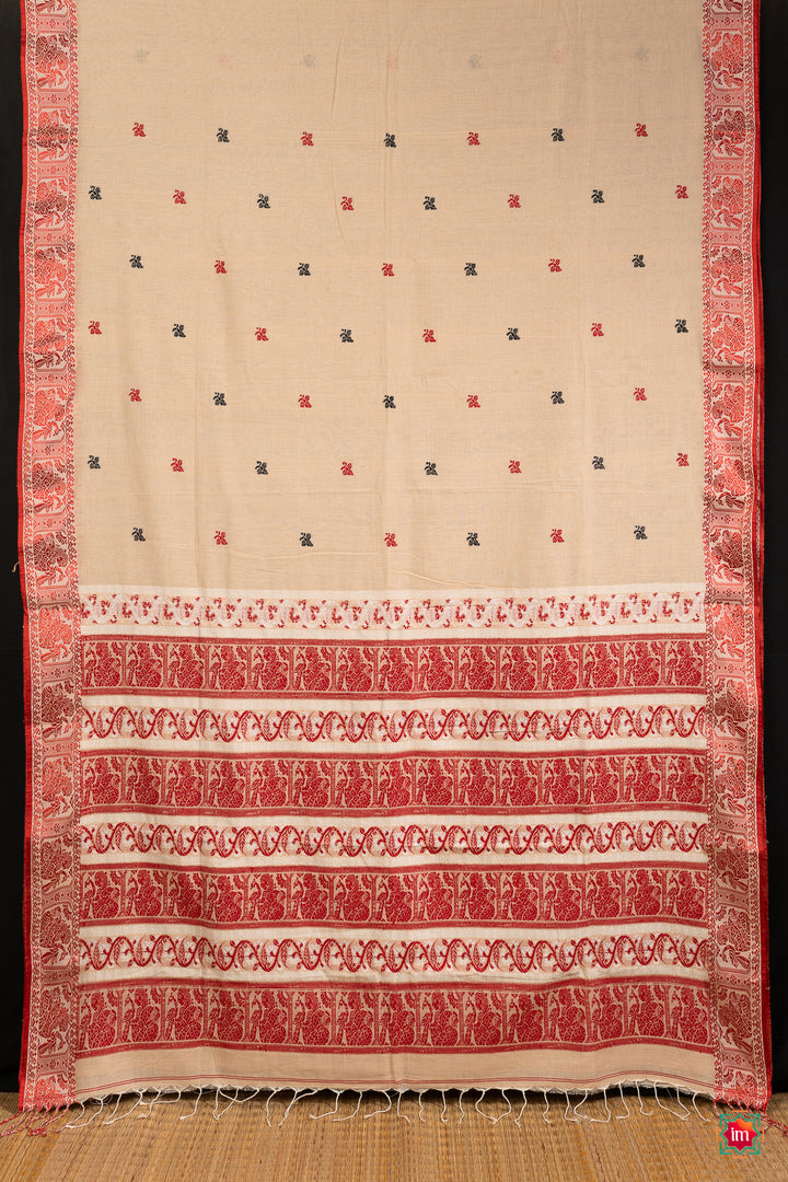 Cream-With-Red-Bengal-Soft-Cotton-Saree-Malika-5-The-Indian-Motif