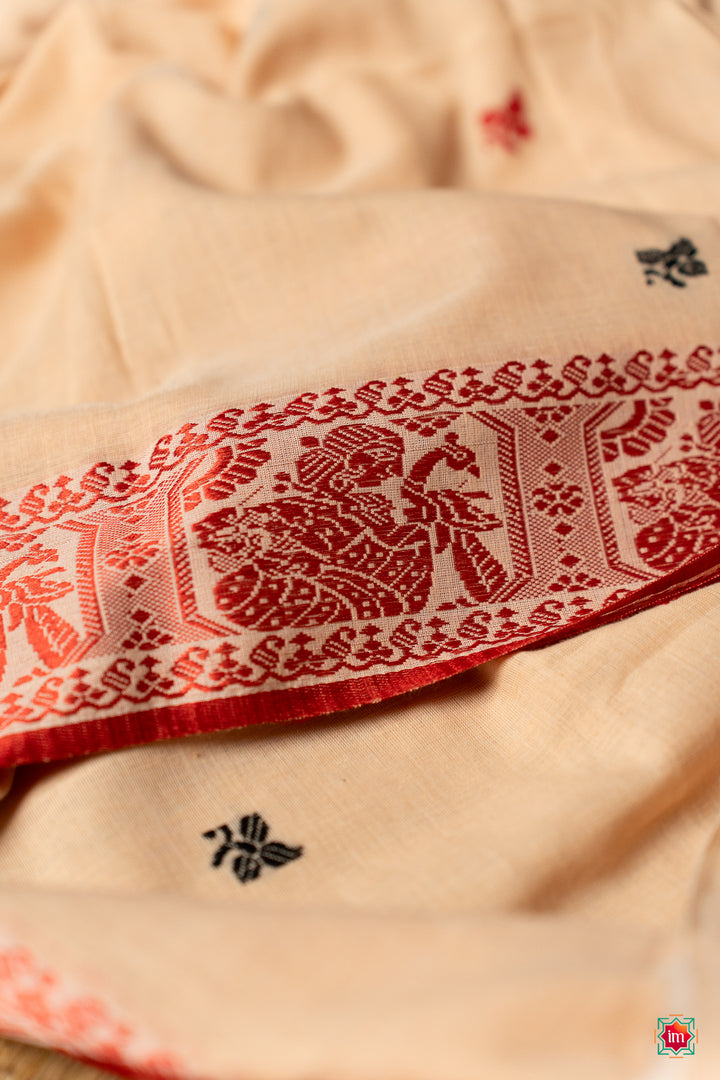 Cream-With-Red-Bengal-Soft-Cotton-Saree-Malika-6-The-Indian-Motif