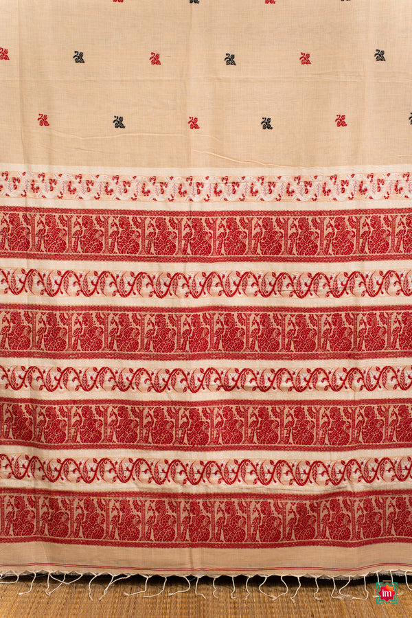 Cream-With-Red-Bengal-Soft-Cotton-Saree-Malika-The-Indian-Motif