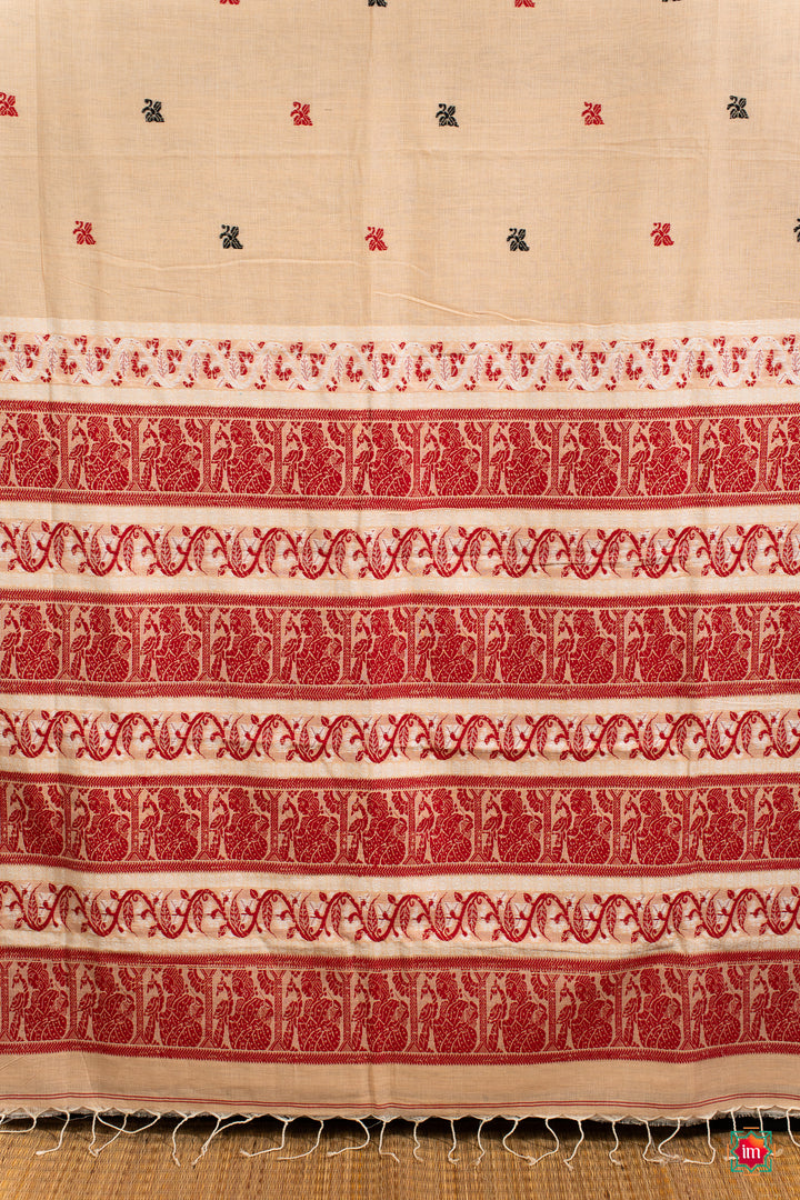 Cream-With-Red-Bengal-Soft-Cotton-Saree-Malika-The-Indian-Motif