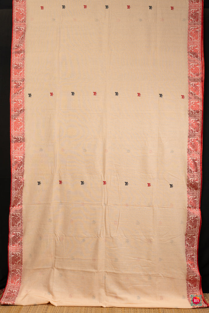 Cream-With-Red-Bengal-Soft-Cotton-Saree-Malika-8-The-Indian-Motif
