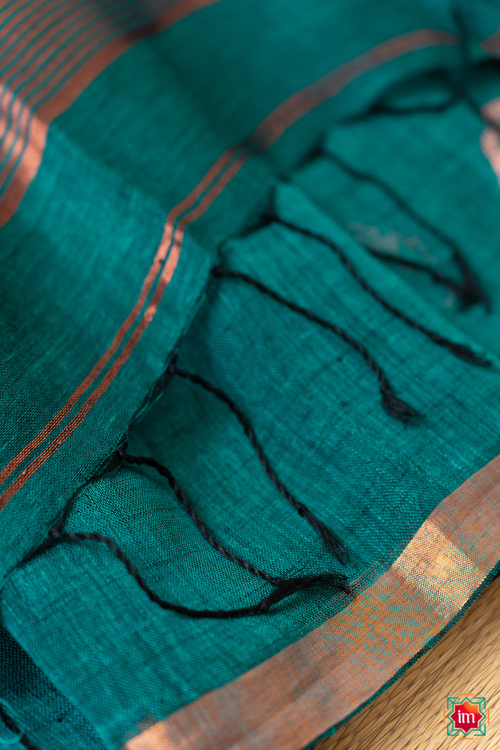 Dark Teal Handwoven Linen Jamdhani Saree Samudra-11-The Indian Motif