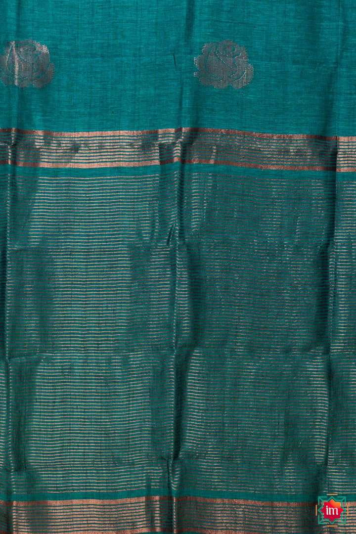 Dark Teal Handwoven Linen Jamdhani Saree Samudra-12-The Indian Motif
