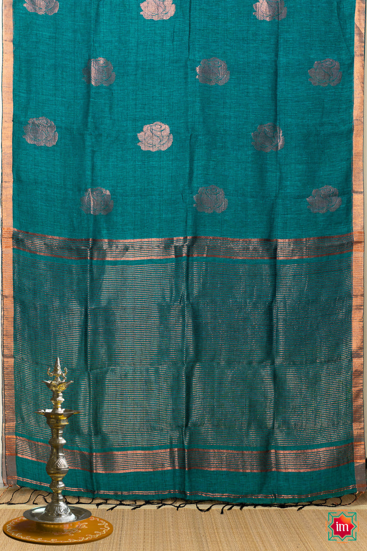 Dark Teal Handwoven Linen Jamdhani Saree Samudra-7-The Indian Motif