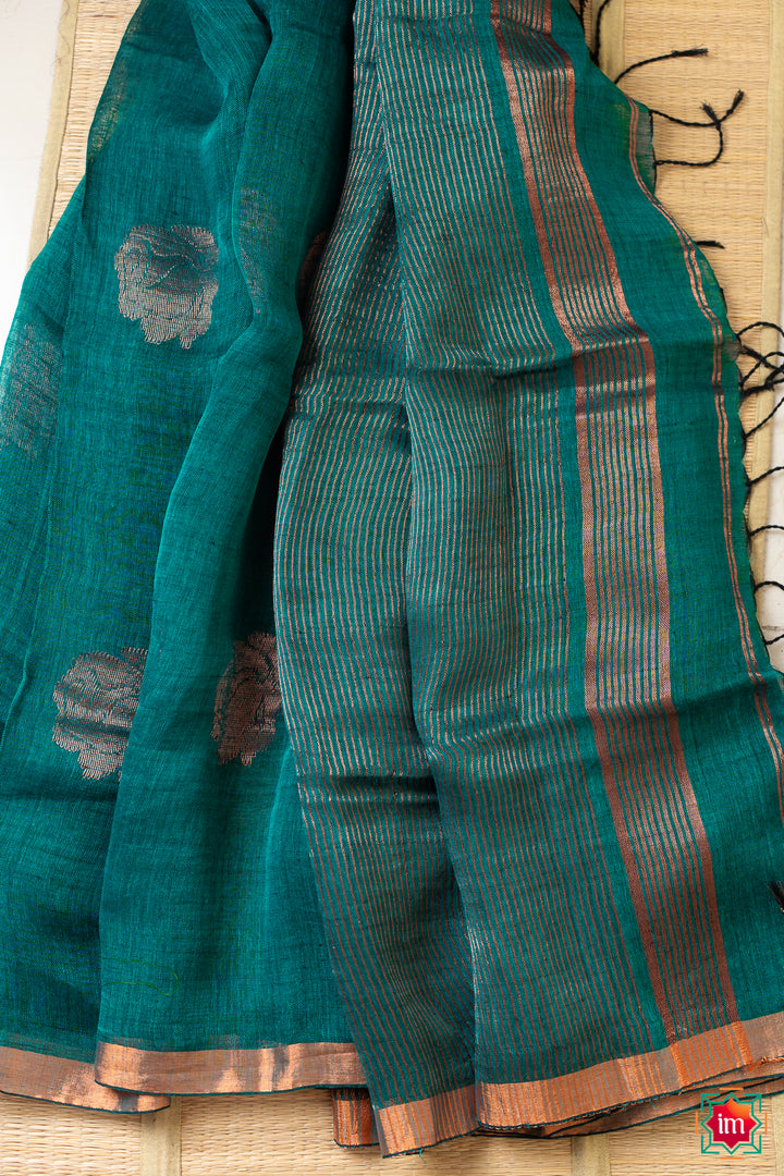 Dark Teal Handwoven Linen Jamdhani Saree Samudra-8-The Indian Motif