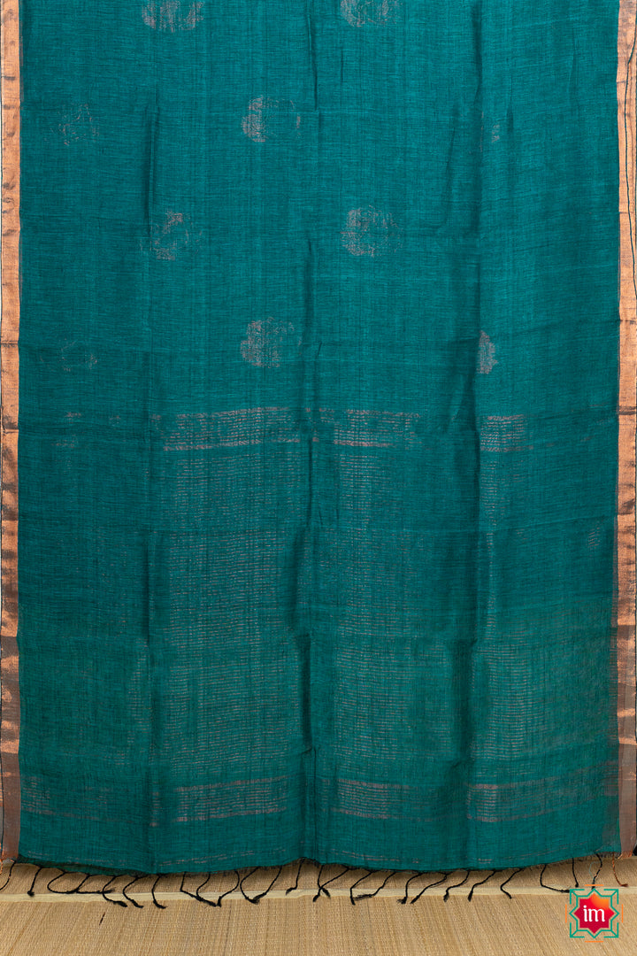 Dark Teal Handwoven Linen Jamdhani Saree Samudra-9-The Indian Motif