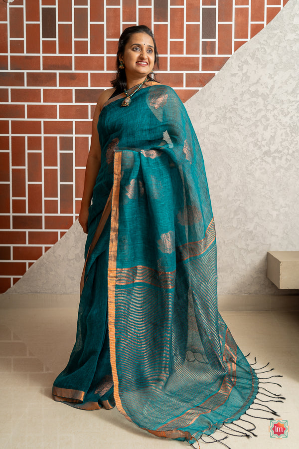 Dark Teal Handwoven Linen Jamdhani Saree Samudra-The Indian Motif