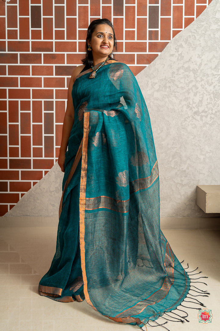 Dark Teal Handwoven Linen Jamdhani Saree Samudra-The Indian Motif