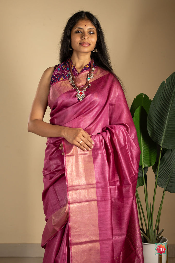 Deep Pink Tussar Handwoven Silk Saree-1-The Indian Motif