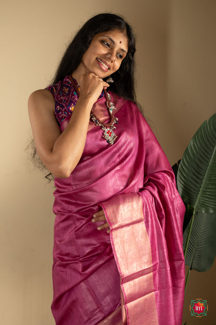 Deep Pink Tussar Handwoven Silk Saree-3-The Indian Motif