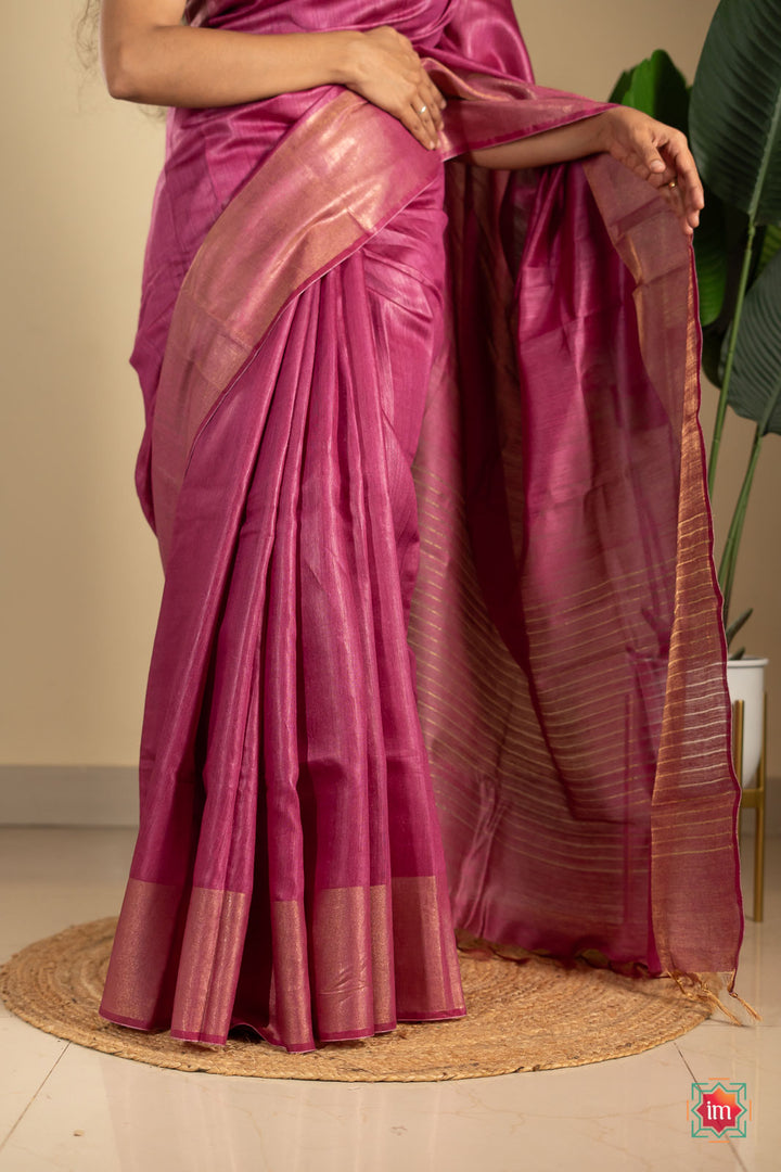 Deep Pink Tussar Handwoven Silk Saree-4-The Indian Motif