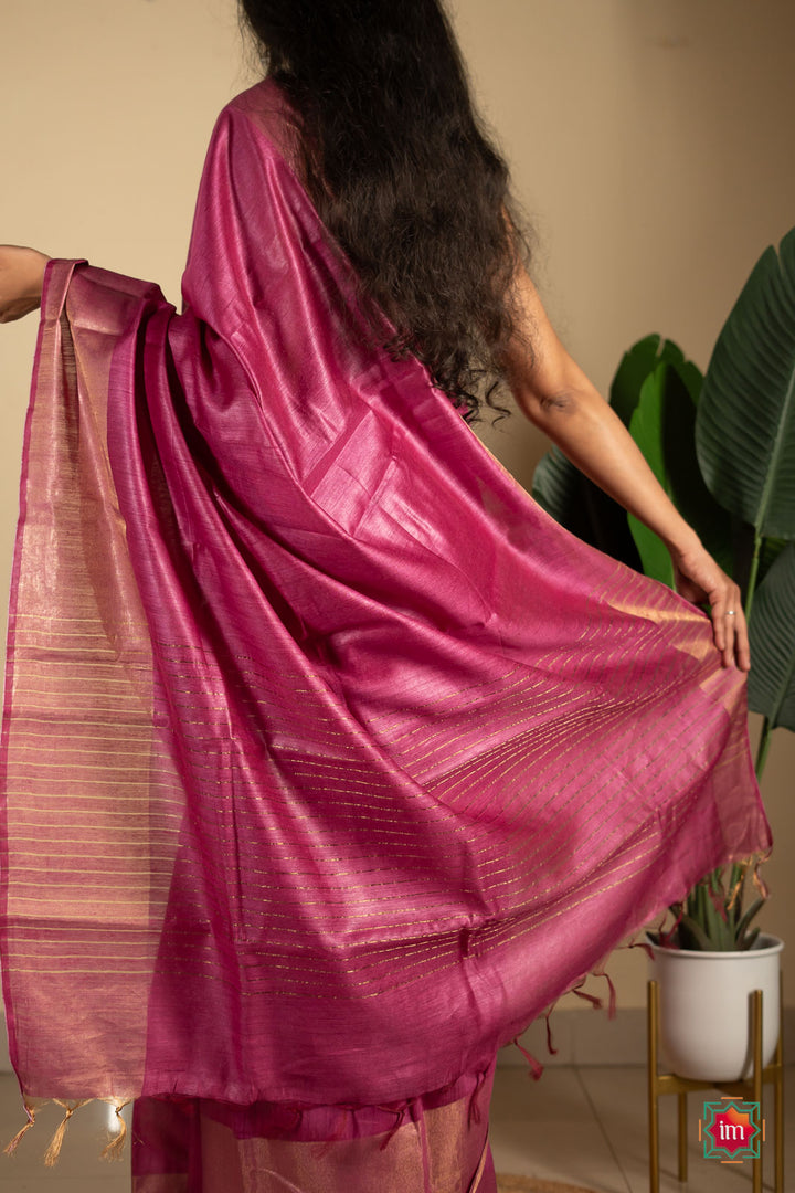 Deep Pink Tussar Handwoven Silk Saree-6-The Indian Motif