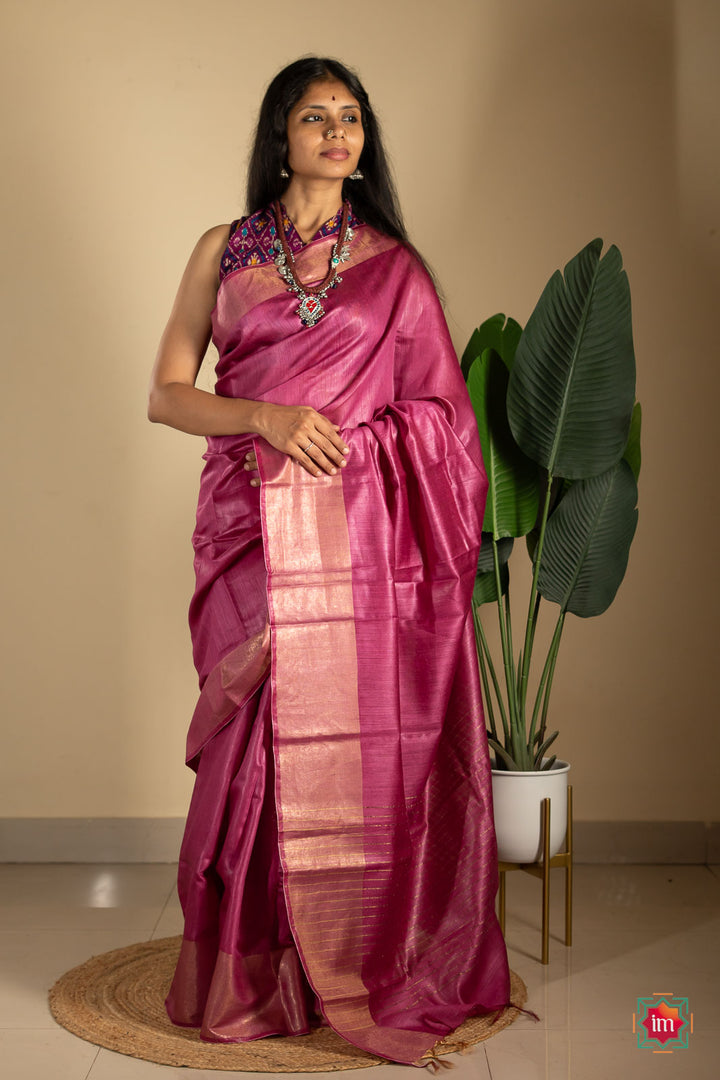 Deep Pink Tussar Handwoven Silk Saree-The Indian Motif
