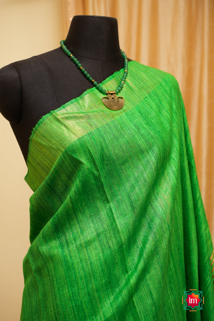 Green Bhagalpur Tussar Handwoven Silk Saree-1-The-Indian-Motif