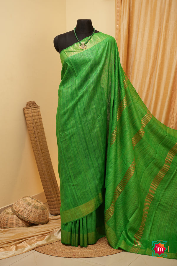Green Bhagalpur Tussar Handwoven Silk Saree-The-Indian-Motif