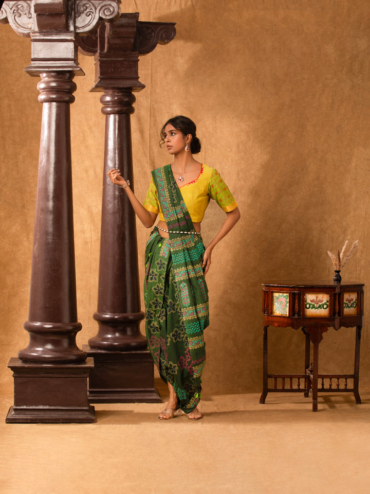 Green Floral Handblock Printed Mul Cotton Jugalbandhi Saree Forest Goddess-The Indian Motif