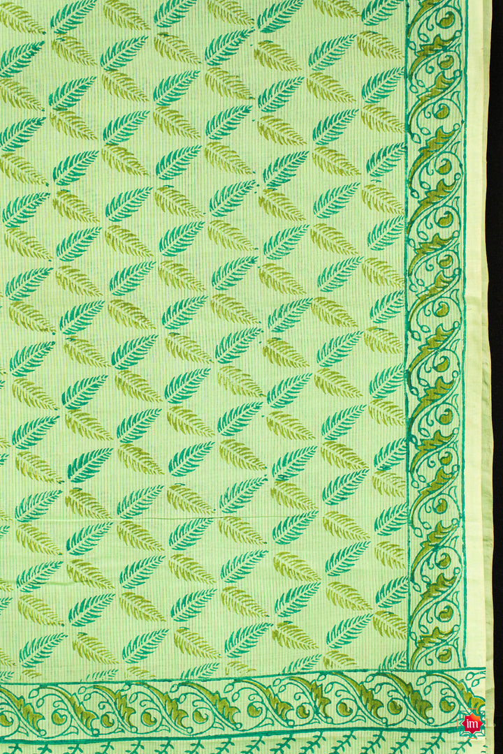 
Green Mangalgiri Cotton With Handblock prints Jugalbandhi Saree Summer Love-3-The Indian Motif
