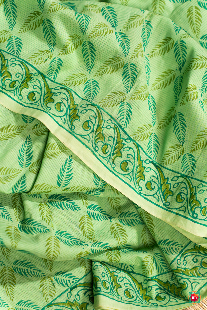 Green Mangalgiri Cotton With Handblock prints Jugalbandhi Saree Summer Love-5-The Indian Motif
