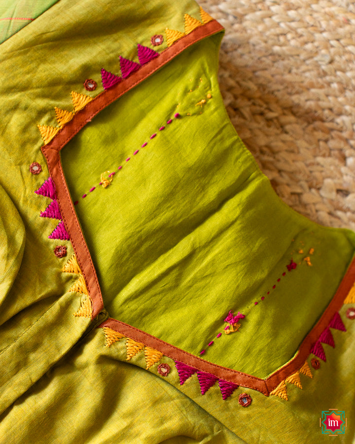 Green Mangalgiri Kutch Embroidery Blouse Bhairav-3-The Indian Motif