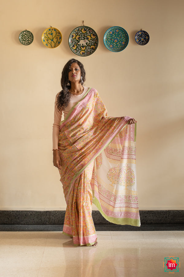 Green Pink Floral Bagru Handblock Printed Mul Cotton Saree Kusum-The Indian Motif