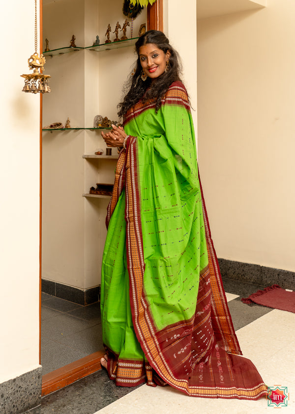 Green Red Handwoven Nuapatna Cotton Saree Pakshee-The Indian Motif