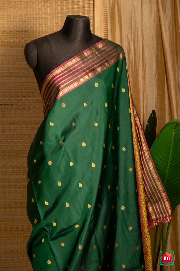 Green-With-Pink-Mysore-Silk-Border-Molkalmuru-Silk-Saree-Mugilu-The-Indian-Motif