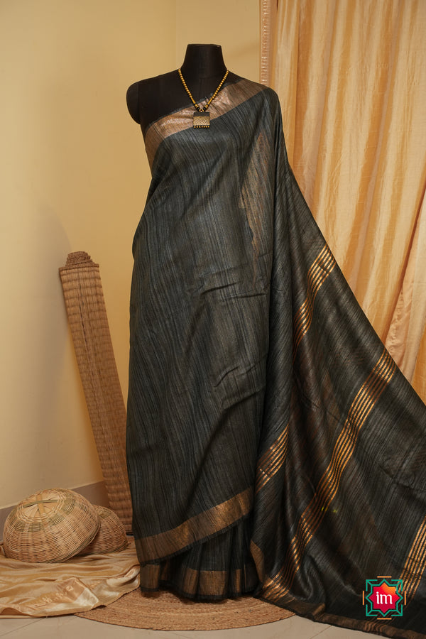 Grey-Black-Bhagalpur-Tussar-Handwoven-Silk-Saree-The-Indian-Motif