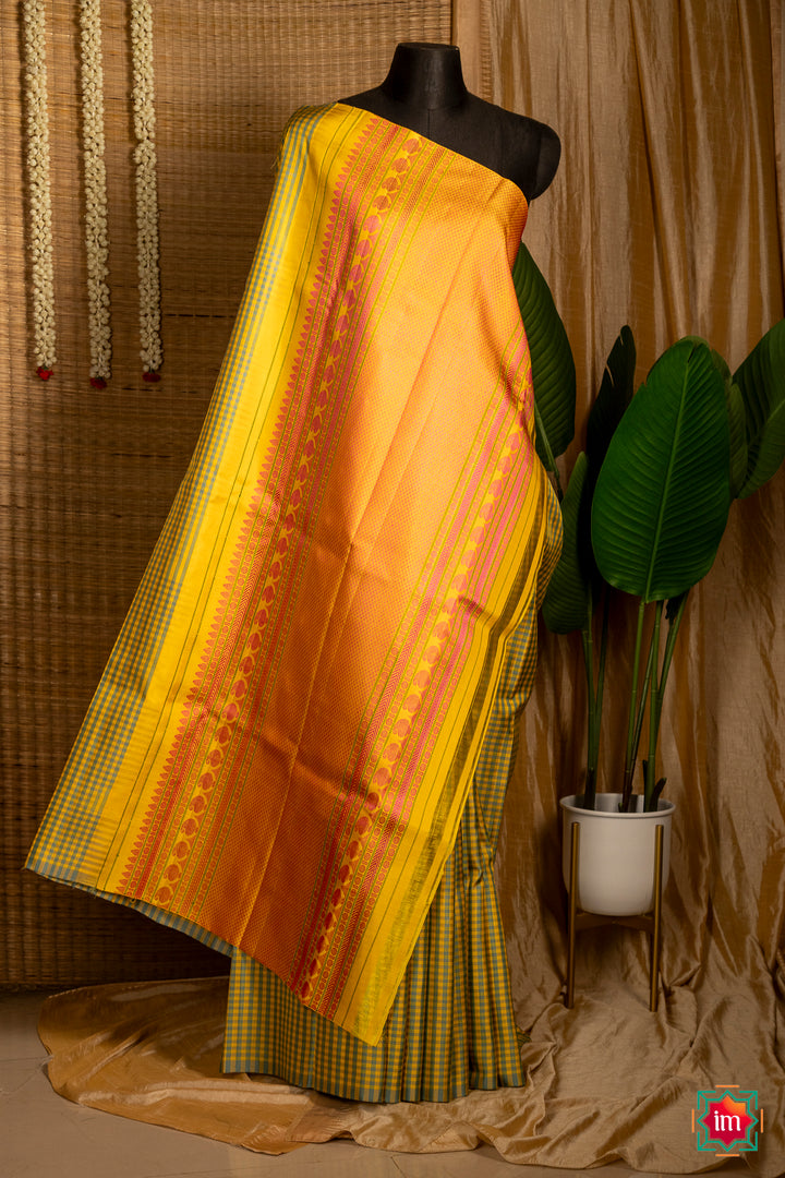 Grey-and-Yellow-Checkered-Molkalmuru-Silk-Saree-Minsaram-1-The-Indian-Motif