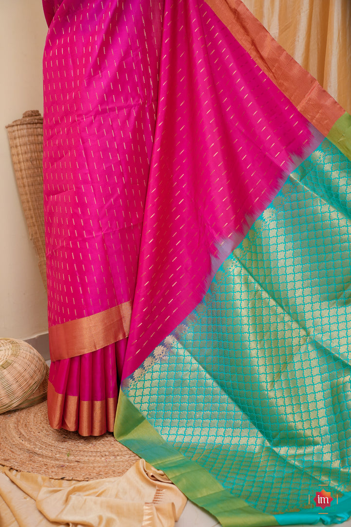 Hot-Pink-With-Blue-Kanjivaram-Soft-silk-Handloom-Saree-Malar-3-The-Indian-Motif