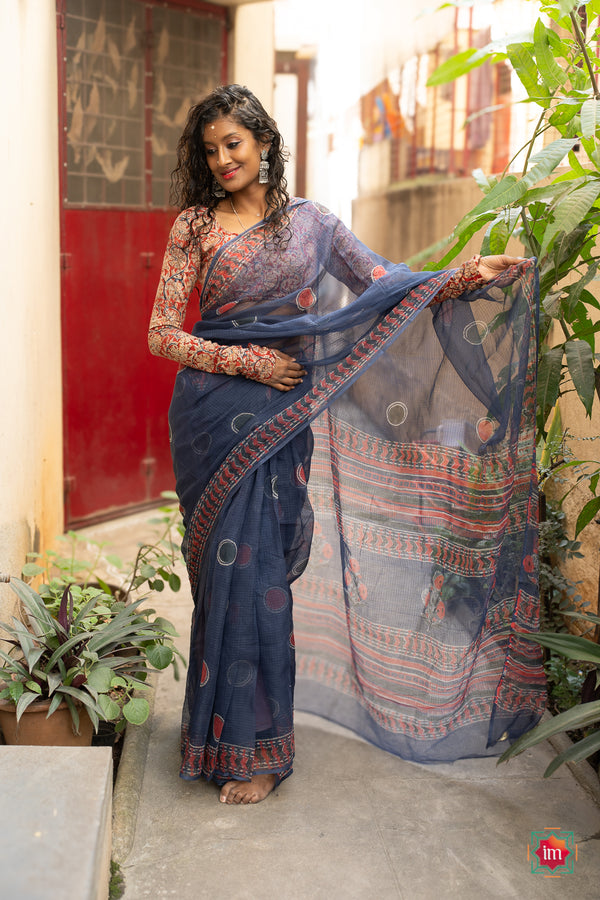 Indigo Blue Bagru Handblock Printed Kota Doria Saree Neelima-The Indian Motif