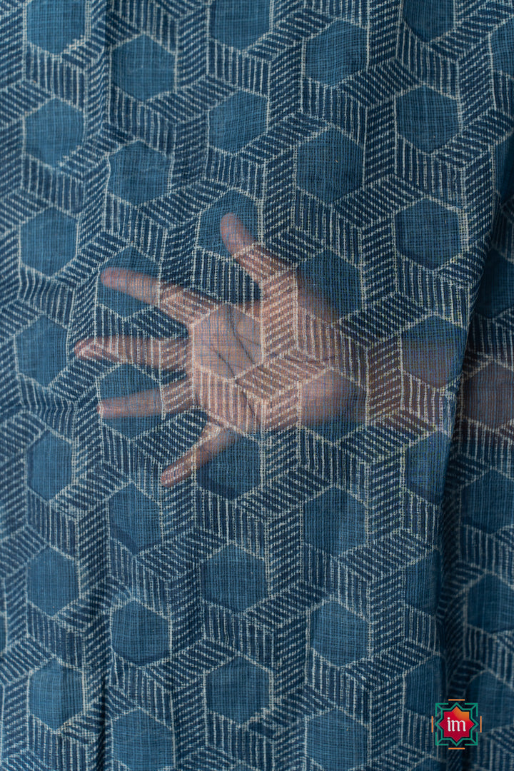 Indigo Honeycomb Bagru Handblock Printed Kota Doria Saree Bhawra-1-The Indian Motif