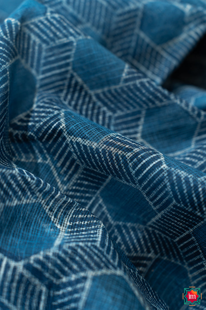 Indigo Honeycomb Bagru Handblock Printed Kota Doria Saree Bhawra-2-The Indian Motif