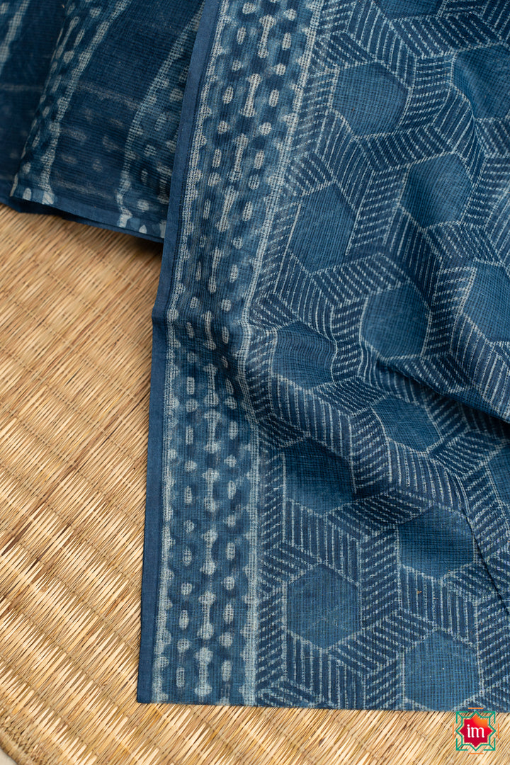 Indigo Honeycomb Bagru Handblock Printed Kota Doria Saree Bhawra-3-The Indian Motif