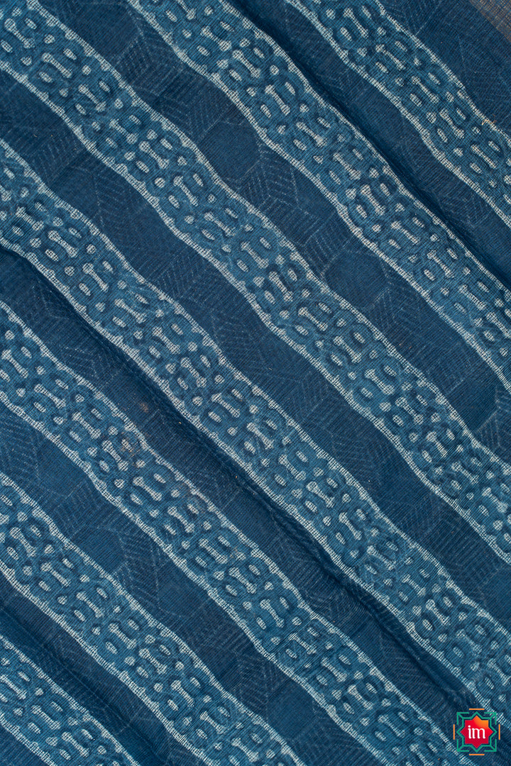 Indigo Honeycomb Bagru Handblock Printed Kota Doria Saree Bhawra-4-The Indian Motif