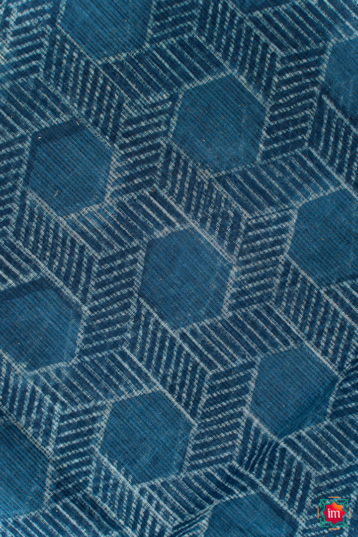 Indigo Honeycomb Bagru Handblock Printed Kota Doria Saree Bhawra-5-The Indian Motif