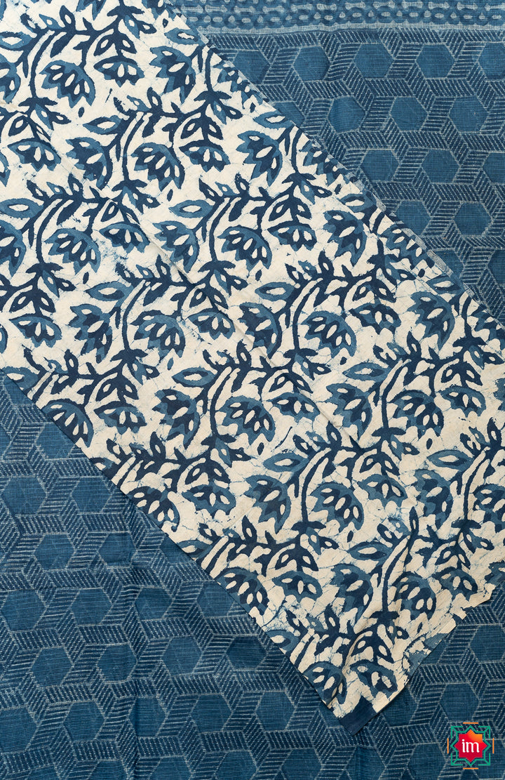 Indigo Honeycomb Bagru Handblock Printed Kota Doria Saree Bhawra-7-The Indian Motif